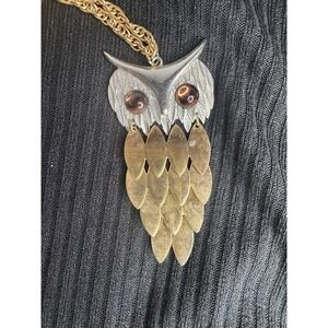 Vintage Two Tone Owl Necklace On‎ Gold Tone Chain